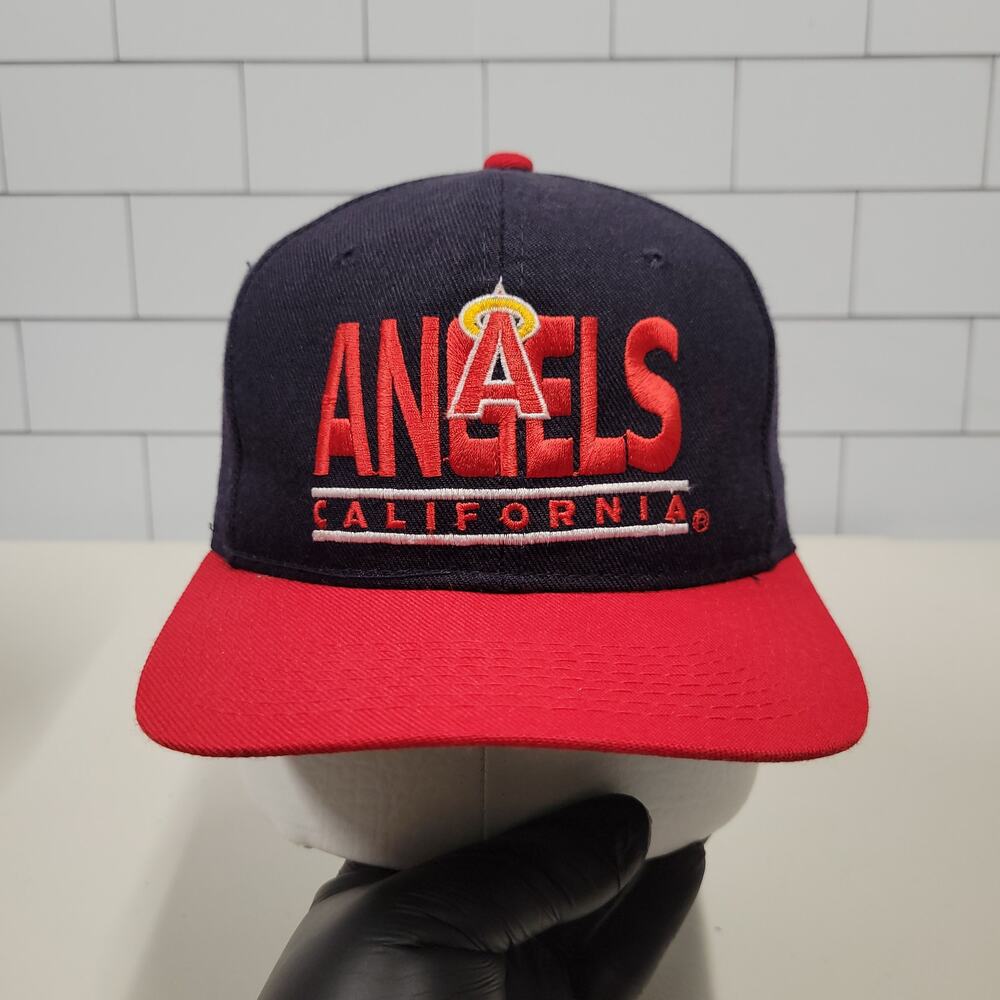 Vintage California Angels Youngan Wool Snapback Hat MLB Split Bar Navy Red 90s